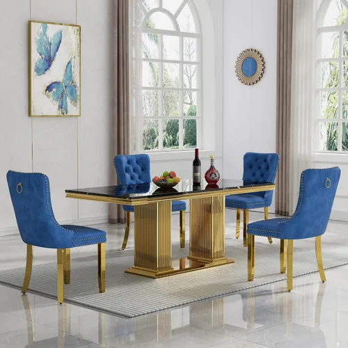 Vista 62 de Juego de mesa de comedor de 5 piezas para 4, mesa de cocina de mármol negro de 68 pulgadas con 4 sillas beige, mesa de comedor rectangular moderna