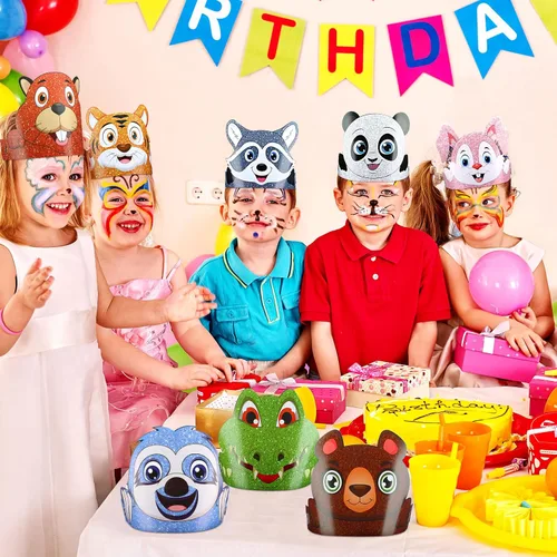 Vista 4 de Tinlade 48 sombreros de animales para niños, selva, safari, animales, de papel, coronas, diademas a granel, regalos de fiesta de cumpleaños