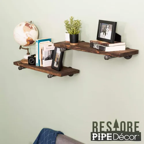 Vista 8 de Pipe DÉCOR - Estantería de madera de abeto Douglas de alta calidad, 24 pulgadas de largo, juego de 2 tablas y 4 soportes rectos, acabado marrón