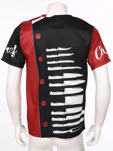 Vista 3 de JEATHA Camisa de vestir de lujo con estampado de abrigo de chef para hombre, casual, manga corta, chaqueta de chef