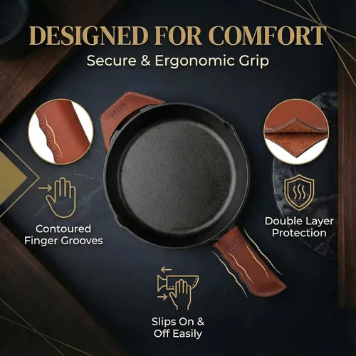 Vista 5 de Orgullosamente fabricado en Georgia con cuero de grano completo - Funda de mango de hierro fundido de cuero, juego de 2 - Funda de mango de hierro