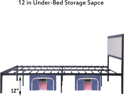 Vista 5 de LUCKYERMORE Base de cama de plataforma Queen de 12 pulgadas con cabecera beige, marco de cama de metal resistente con almacenamiento debajo