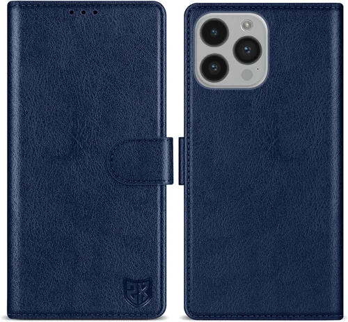 Vista 26 de ZZXX Funda tipo cartera para iPhone 14 Plus con bloqueo RFID, ranura para tarjetas, función atril, cierre magnético, funda protectora de cuero Negro