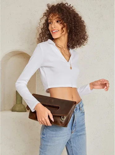 Vista 2 de S-ZONE Women Vintage Genuine Leather Crossbody Bag Distressed Foldable Clutch Top Handle Handbag Purse