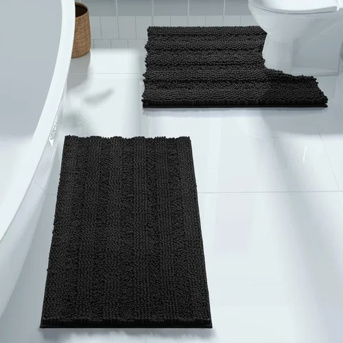 Vista 8 de Yimobra Juego de 2 alfombras de baño de felpilla suave y absorbente y alfombra para inodoro en forma de U, antideslizante, lavable a máquina