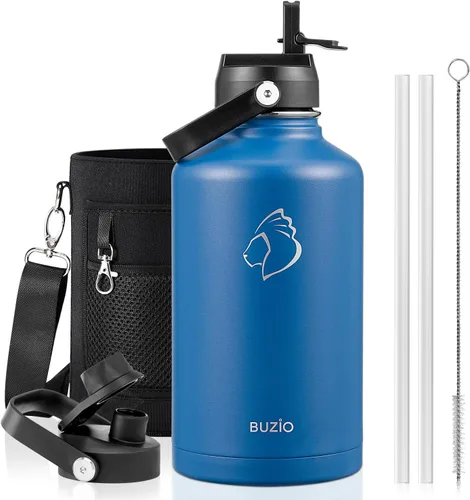 Vista 16 de BUZIO Botella de agua aislada de 24 oz, frasco de agua de boca ancha de acero inoxidable con tapa de pajita, frío durante 48 horas a prueba de Negro