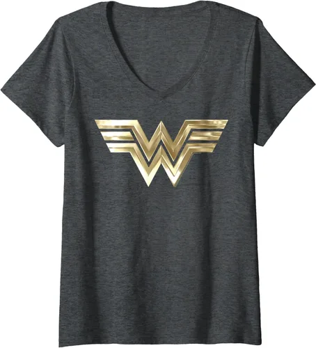 Vista 4 de DC Comics Wonder Woman 1984 - Camiseta con cuello en V y logotipo dorado para mujer, talla S Negro