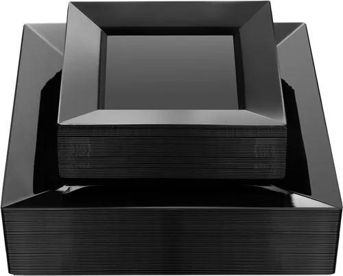 Vista 10 de Goodluck 100 Pack de Platos Desechables Cuadrados Negros, Platos de Plástico Resistente: 50 Platos de Cena de 24.1 cm y 50 Platos de Postre de 16.5