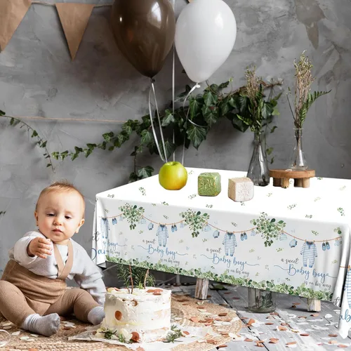 Vista 3 de Paquete de 3 manteles decorativos para baby shower, acuarela Greenery A Sweet Baby Boy Is On The Way Baby Shower, mantel impermeable para baby