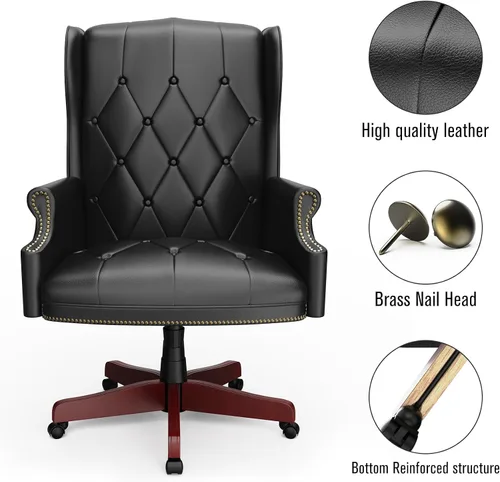 Vista 4 de Silla de oficina ejecutiva de cuero negro con respaldo alto, 330 libras, diseño ergonómico grueso, asiento y respaldo acolchado grueso silla