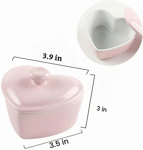 Vista 2 de Cuenco de postre en forma de corazón con tapa Tazón de cerámica para hornear arroz Bowl-5 OZ-Rosa