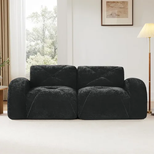 Vista 3 de Sillón de Dos Plazas Seccional Negro para Sala de Estar, Sofá Sin Estructura de Tela de Terciopelo en una Caja, Sin Ensamblaje Requerido Sofá