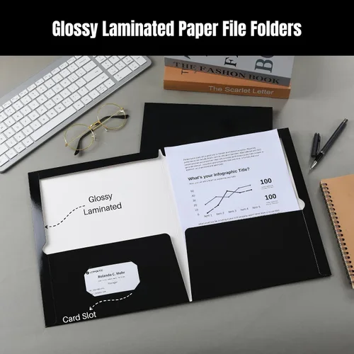 Vista 5 de Paquete de 25 carpetas de papel laminado brillante con 2 bolsillos profundos y ranura para tarjetas de visita, capacidad para 100 hojas de papel