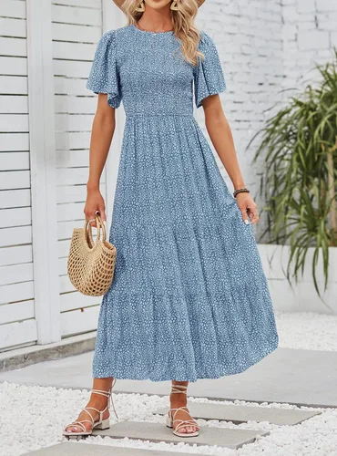 Vista 8 de ZESICA - Vestido veraniego largo y casual para mujer con estampado floral manga corta y cuello redondo de cintura alta fruncida