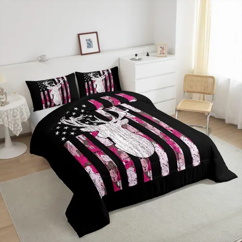 Vista 4 de Erosebridal Juego de edredón de caza de ciervos, tamaño individual, color rosa, camuflaje militar, camuflaje, retro, bandera estadounidense, juego