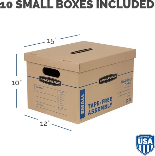 Vista 3 de Bankers Box Caja de mudanza clásica pequeña, paquete de 10 unidades, asas reforzadas, montaje sin cinta, caja de corrugado con tapa, 15 x 12 x 10