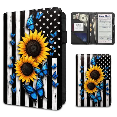 Vista 39 de Server Book for Waitress,Waiter Book with Zipper Pocket,PU Leather Waitstaff Organizer Wallet with 7 Pockets,Guest Check & Money Holder,Fits Server
