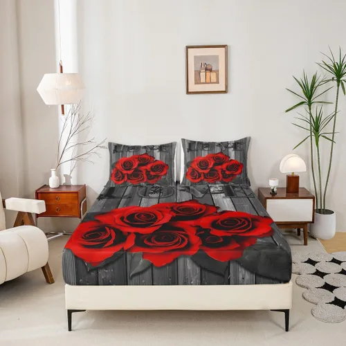 Vista 4 de Erosebridal Juego de sábanas de rosas rojas, tamaño individual, color rojo y negro, para niñas, mujeres, hombres, parejas, romántico, floral