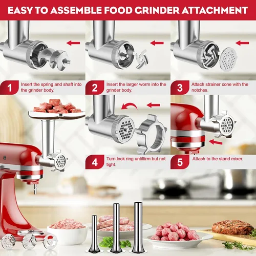 Vista 5 de Accesorio para picadora de carne para batidora de pie KitchenAid, picadora de carne para KitchenAid, incluye 3 accesorios para embutir salchichas