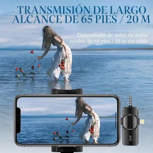 Vista 6 de Micrófono Lavalier inalámbrico 3 en 1 para iPhone, iPad, Android, cámara, batería de 12 horas, mini micrófono de grabación con reducción de ruido