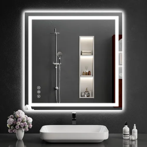 Vista 34 de Espejo de baño LED de 30 x 48 pulgadas con luces, regulable, antivaho, espejo de tocador de baño para pared, retroiluminado + luz frontal, función