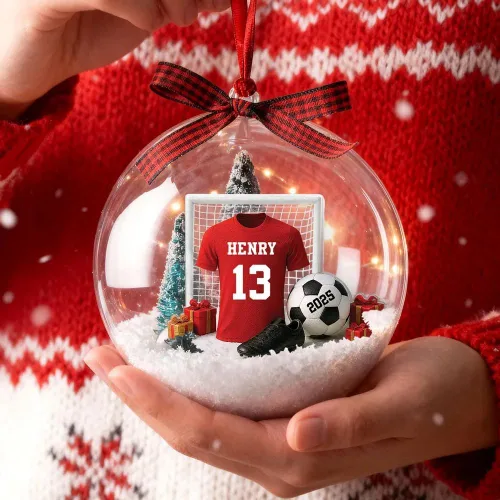 Vista 7 de Adorno de fútbol personalizado, adorno 2D de Navidad de fútbol, decoración del árbol de Navidad para jugadores y fanáticos del fútbol, adornos Ds1