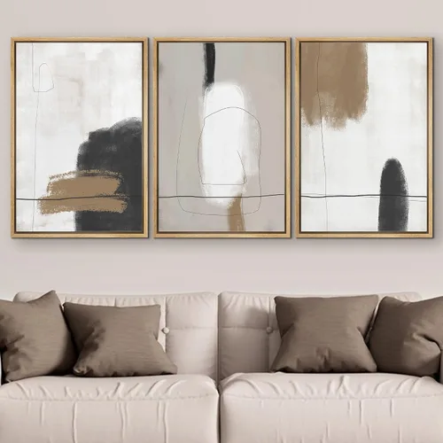 Vista 367 de SIGNFORD - Set de obras de arte en lienzo enmarcado para pared, ilustraciones abstractas de neblina del desierto en tonos neutros beige y marrón