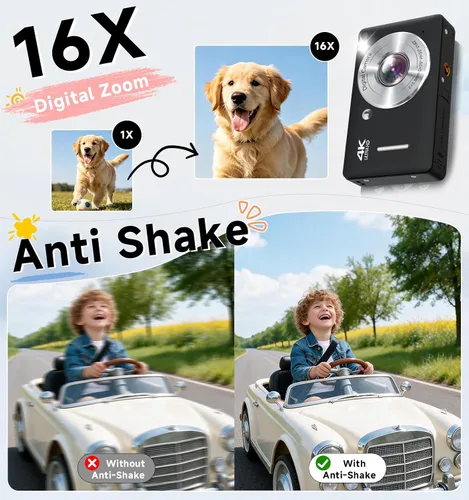 Vista 3 de Cámara digital, 44MP FHD 1080P apunta y dispara, cámara digital con antivibración, pequeña cámara digital con detección facial, tarjeta SD de 32 GB