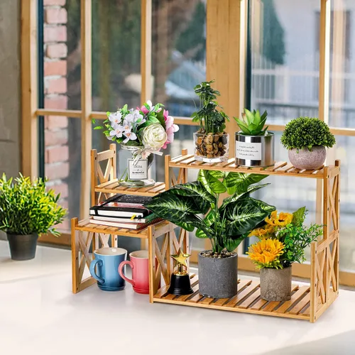 Vista 6 de Lawei Soporte de bambú de 2 niveles para plantas de mesa, soporte ajustable para macetas, soporte de exhibición para macetas, estante pequeño