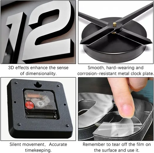Vista 3 de Reloj de pared moderno con espejo 3D sin marco para el hogar, color negro Reloj de Pared Espejo de Pared Pegatinas de Pared, decoración de pared