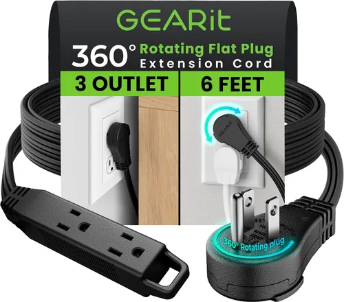 Vista 50 de GEARit Cable de extensión de enchufe plano giratorio de 360° de 3 pies, cable de alimentación de perfil bajo de 3 salidas, ahorro de espacio