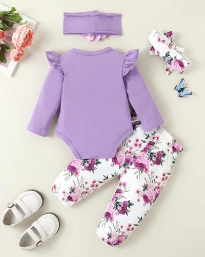 Vista 3 de Ropa para bebé recién nacida, con volantes, mameluco de algodón floral, conjunto de pantalones de algodón para niñas