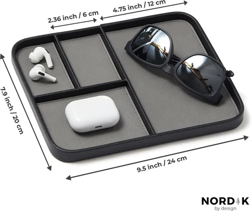 Vista 6 de Nordik - Bandeja de valet de cuero, color negro guijarro, bandeja de mesita de noche elegante y organizada de cuero vegano de primera calidad