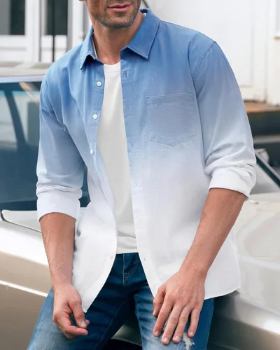 Vista 2 de Camisas de lino degradado para hombre, camisas hippie de manga larga con botones casuales
