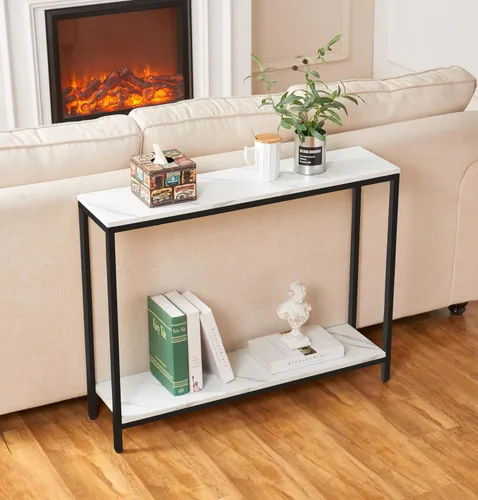 Vista 10 de loglus Mesa consola para entrada, Mesa de sofá de MDF de mármol sintético con marco dorado (Multicapa, Marco Negro)