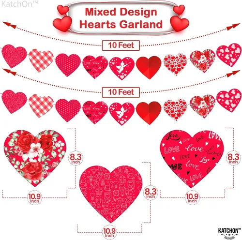 Vista 2 de KatchOn, Guirnalda de corazones de fieltro con estampado rojo – 10 pies, sin bricolaje Decoraciones del día de San Valentín Decoración