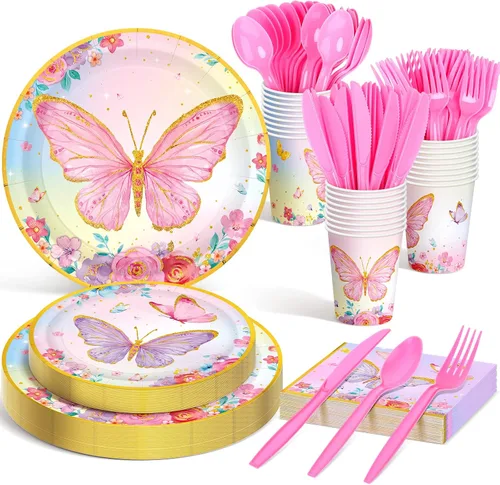 Vista 8 de Meanplan 168 piezas de decoración de fiesta de princesa, platos y servilletas de princesa, juego de vajilla desechable de castillo para niñas