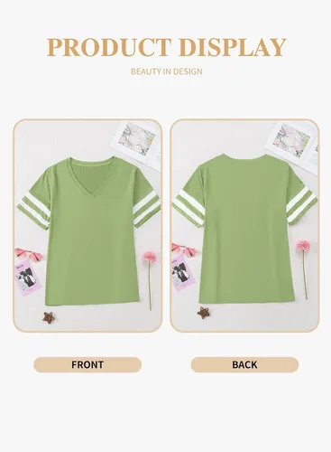 Vista 20 de Eytino Blusas de talla grande para mujer, cuello en V, manga corta, a rayas, casual, holgada, con bolsillo (1X-5X)