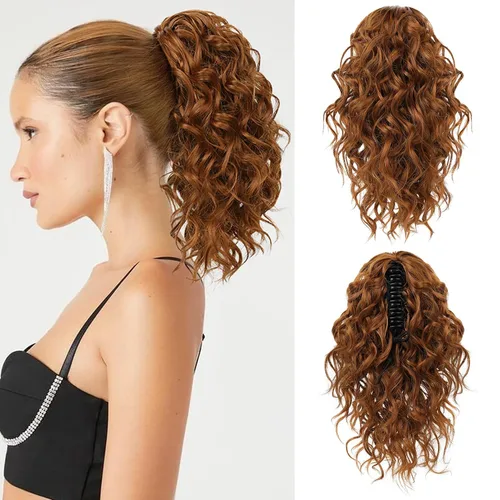 Vista 22 de Flufymooz Extensión de cola de caballo, extensión de cola de caballo corta de 12 pulgadas con pinza de garra, cabello ondulado rizado, clip
