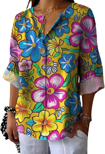 Vista 17 de domirica Camisas de manga corta con cuello en V para mujer, blusas elegantes con estampado floral y ajuste holgado, blusas básicas y cómodas