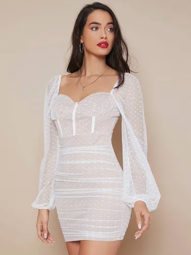 Vista 4 de Floerns Vestido corto ajustado con cuello corazón y manga farol, lunares suizos para mujer