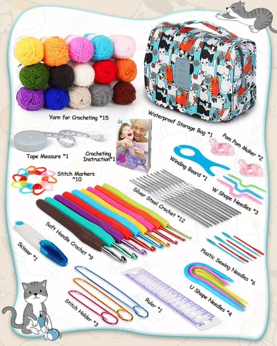Vista 2 de Aeelike Kit de ganchillo con bolsa para viajes, kit fácil de aprender a ganchillo para principiantes de todas las edades, el kit de inicio