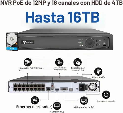Vista 8 de Anpviz Sistema de cámara de seguridad PoE de 16CH 4K comercial, 16 piezas H.265+ con cable de 8MP cámaras IP al aire libre con micrófono, visión
