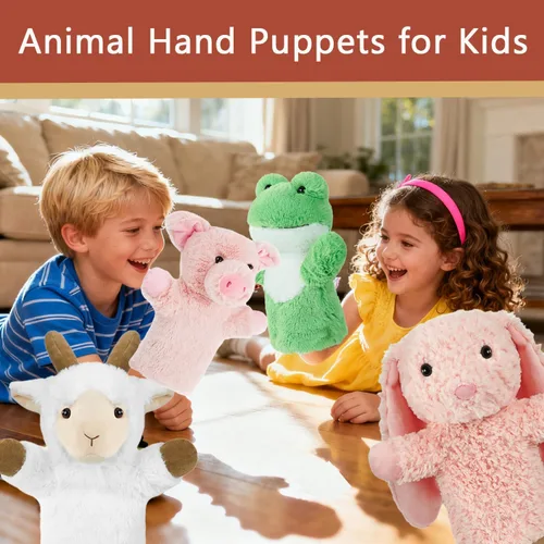Vista 4 de Juego de marionetas de mano de animales de granja de 11 pulgadas, suaves y realistas, juguetes de cabra, cerdo, conejo, marioneta de rana para niños