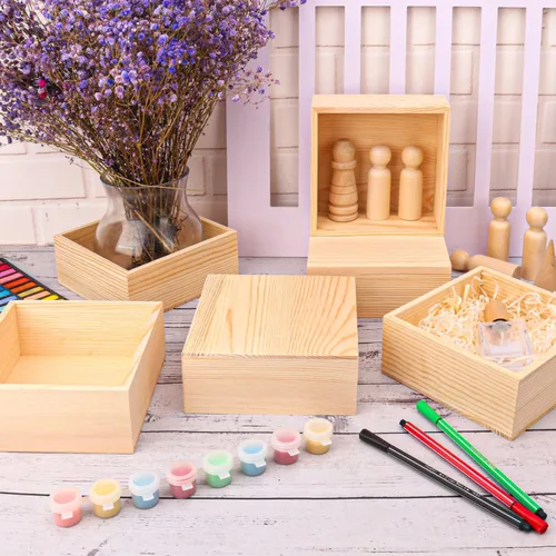 Vista 7 de 12 cajas de madera sin terminar, cajas pequeñas cuadradas de madera de 6 x 6 pulgadas, caja de madera rústica para exhibición, contenedor