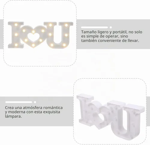 Vista 4 de Uonlytech Letrero con luces LED románticas con diseño de letras, funciona con pilas, lámpara decorativa con texto en inglés "I Love You