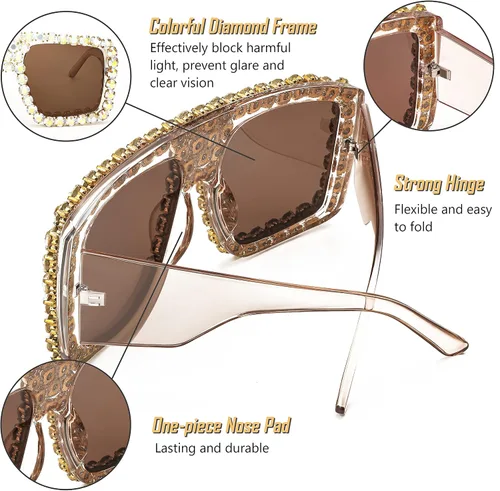 Vista 4 de FEISEDY Gafas de sol cuadradas con diamantes para mujer, estilo retro, con diamantes de imitación brillantes, B2916