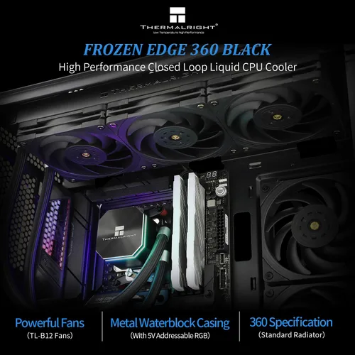 Vista 2 de Thermalright Frozen Edge 360 - Enfriador de agua negro para CPU con ventiladores PWM, la velocidad de la bomba es de 2800 RPM, rodamiento S-FDB
