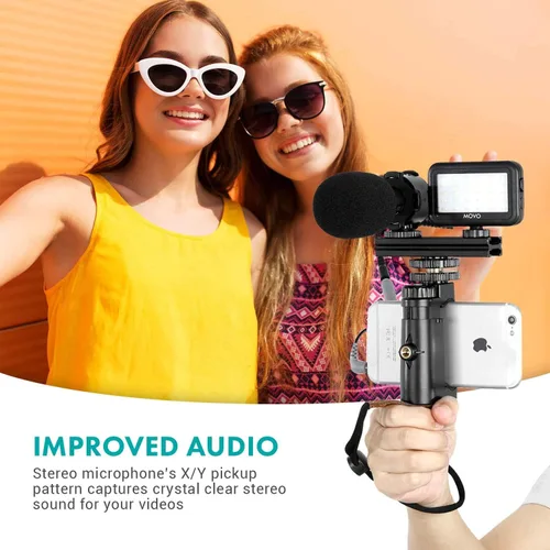 Vista 4 de Movo Vlog Kit V7 - Kit de inicio de YouTube con agarre, micrófono estéreo, luz e inalámbrico Kit de vlogging remoto para iPhone, Android - Kit