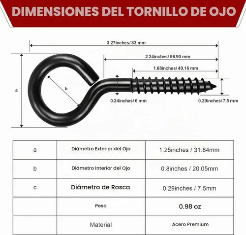 Vista 3 de 14 PIEZAS Ojos de Tornillo Negros - Pernos de Ojo Resistentes de 3.2 Pulgadas, Asegurador de Cable y Alambre - Soporte para Hamaca, Uso